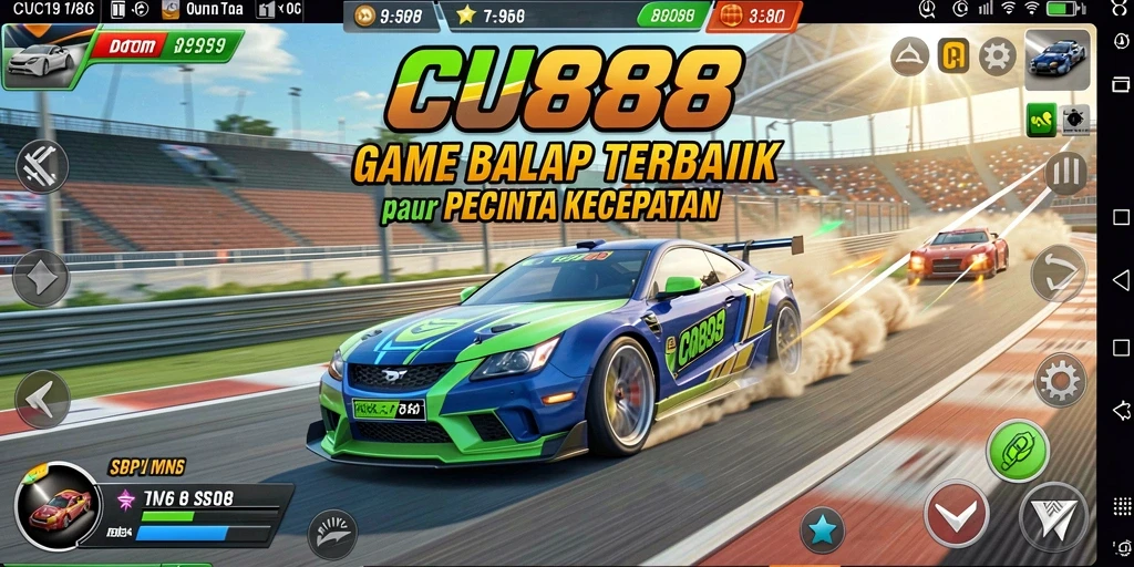 Screenshot gameplay CU888 yang menunjukkan mobil balap dalam aksi.