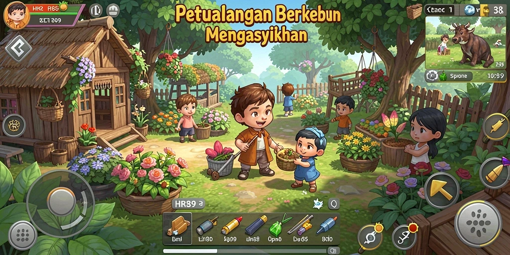 Tampilan gameplay HR89 dengan kebun yang subur dan hewan peliharaan yang menggemaskan.